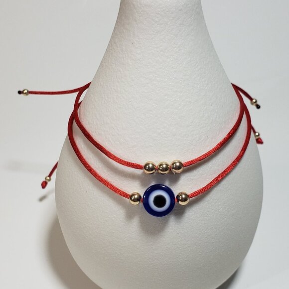 SET of 2 Bracelets 14K SOLID GOLD Beads Bracelet EVIL EYE Red String Kabbalah - Picture 3 of 4